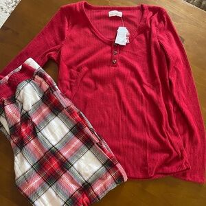 Red Henley Top and Plaid Pajama Pants Set